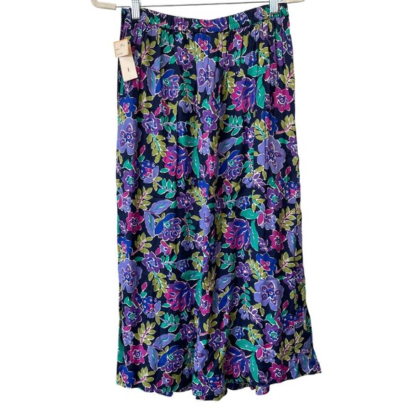 Vintage 90s Lombardi Floral Pleated Midi Skirt Size 10 Navy Purple Deadstock NEW - Picture 2 of 6